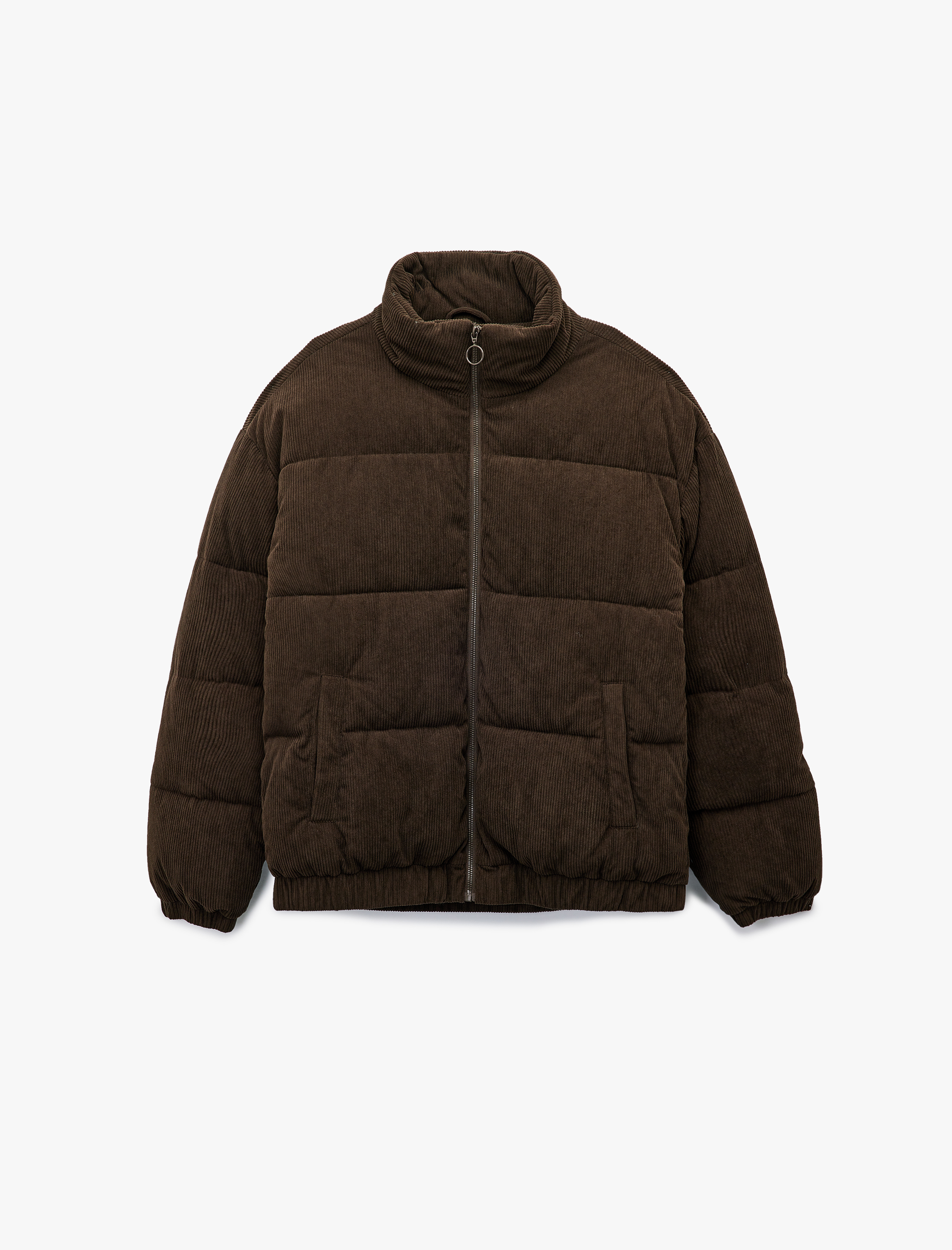   Dik Yaka Uzun Kollu Cep Detaylı Fermuarlı Fitilli Kadife Kışlık Şişme Mont