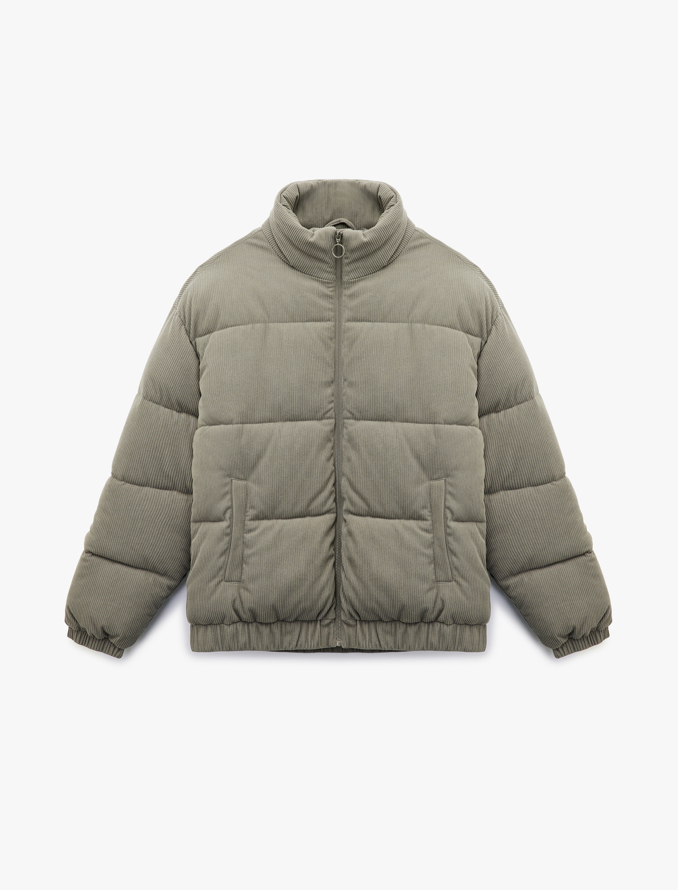   Dik Yaka Uzun Kollu Cep Detaylı Fermuarlı Fitilli Kadife Kışlık Şişme Mont