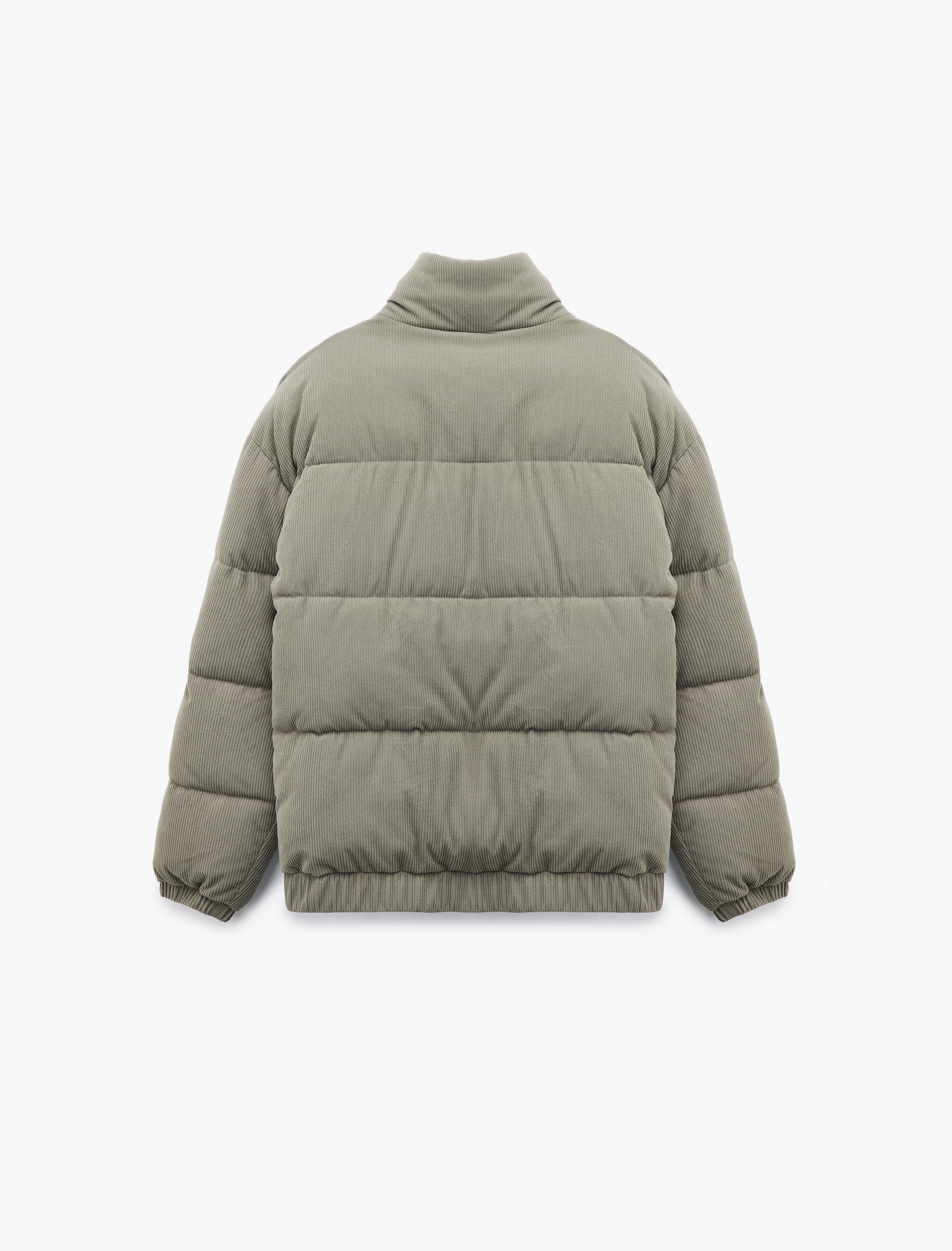   Dik Yaka Uzun Kollu Cep Detaylı Fermuarlı Fitilli Kadife Kışlık Şişme Mont