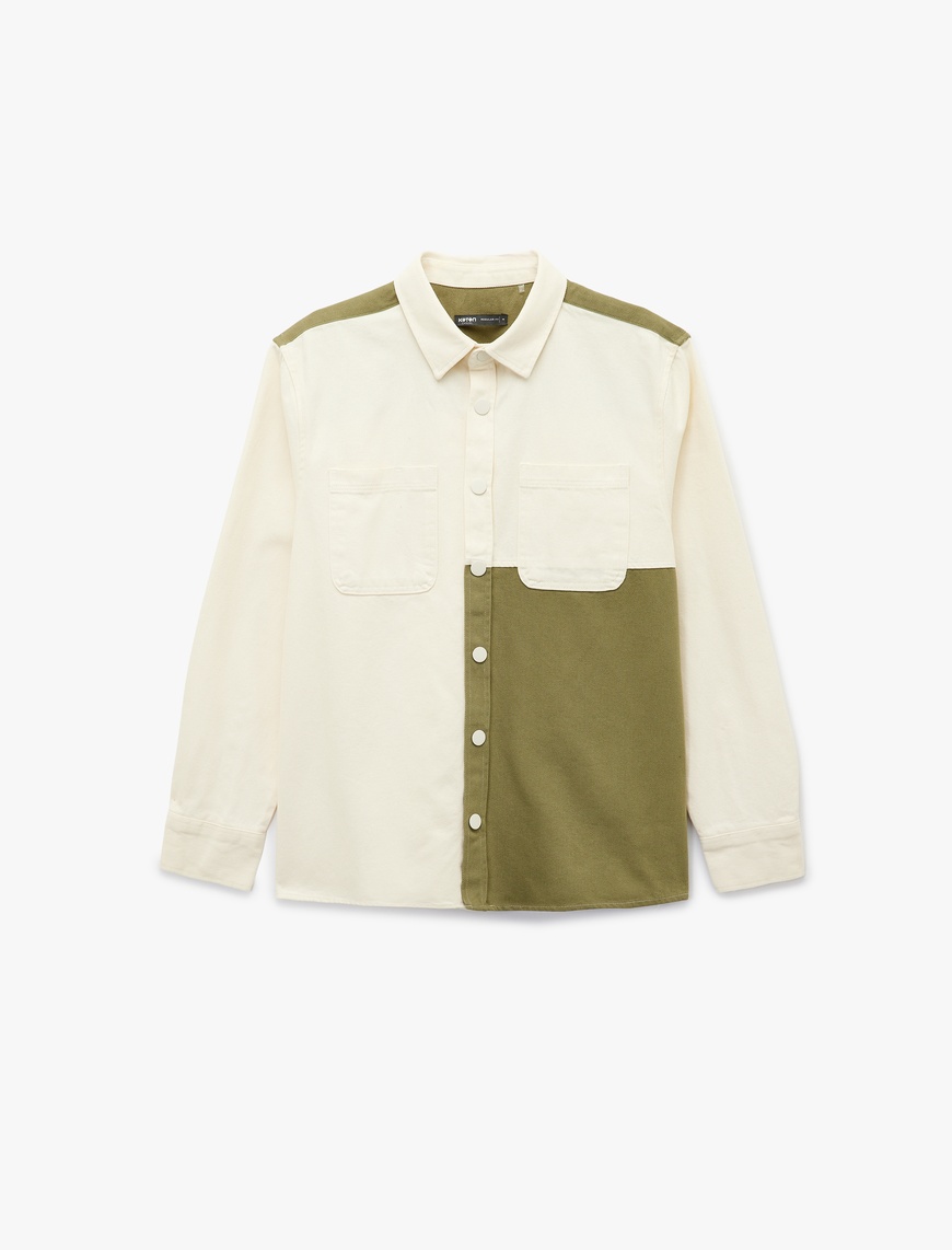   Regular Fit Renk Kontrastlı Pamuklu Gabardin Uzun Kollu Klasik Yaka Gömlek