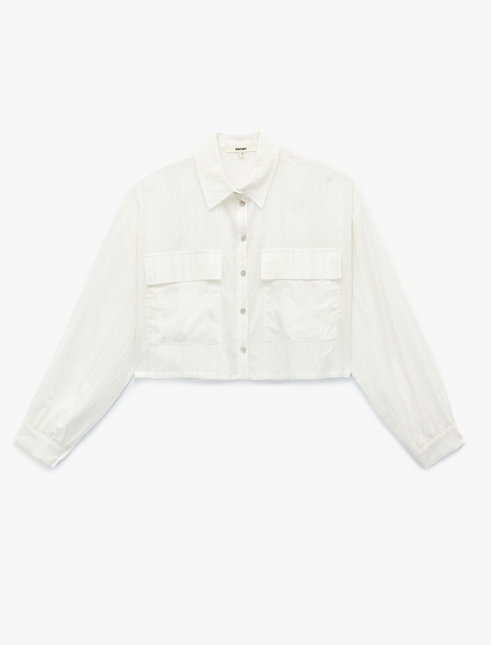  Keten Viskon Karışımlı Kapaklı Aplike Cep Detaylı Uzun Kollu Crop Gömlek