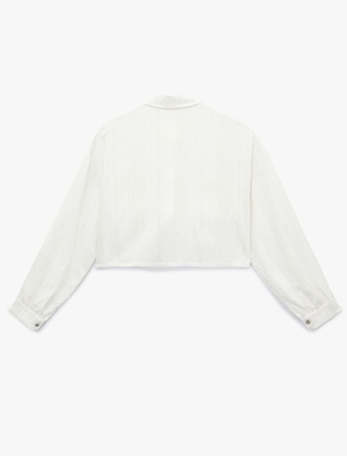  Keten Viskon Karışımlı Kapaklı Aplike Cep Detaylı Uzun Kollu Crop Gömlek