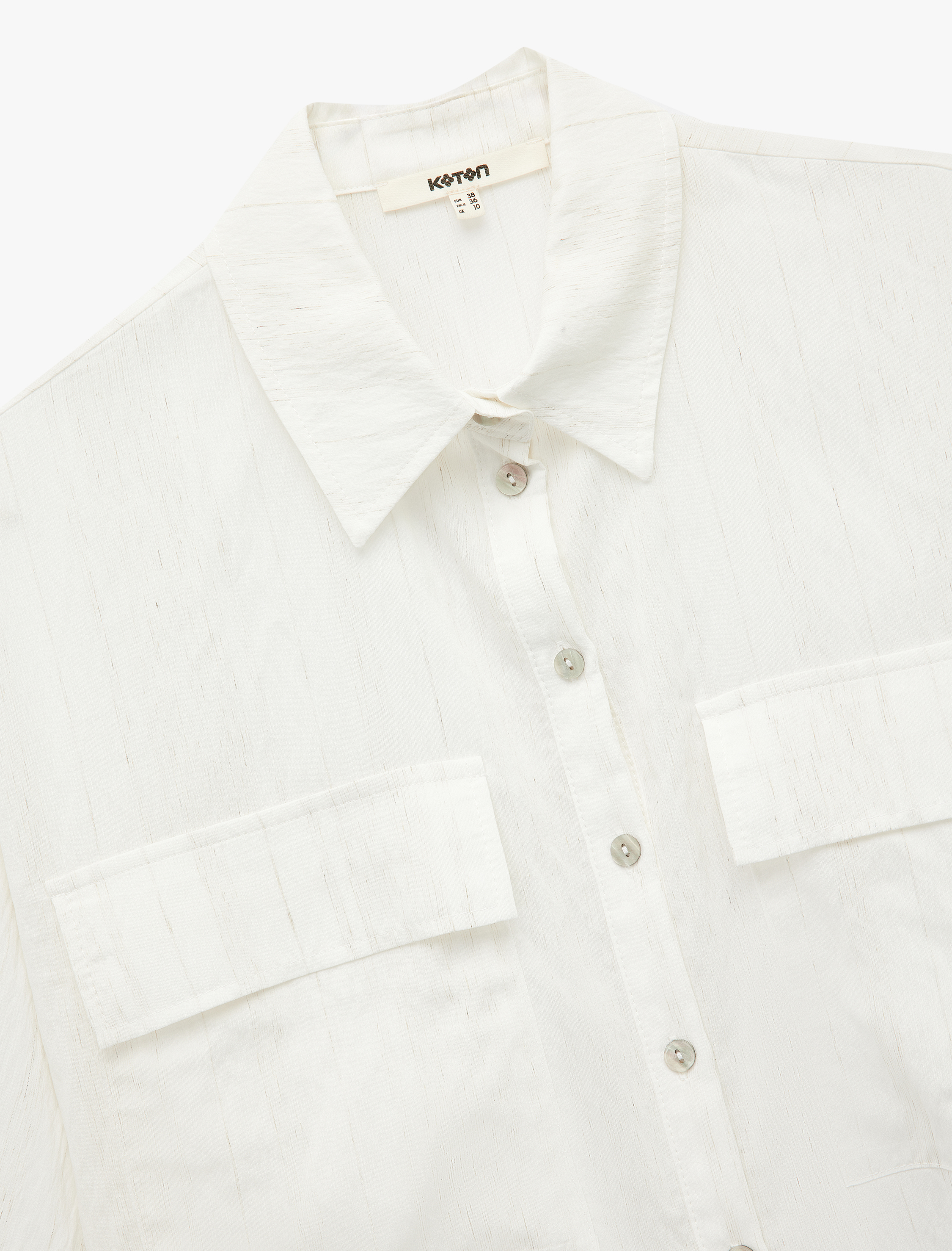   Keten Viskon Karışımlı Kapaklı Aplike Cep Detaylı Uzun Kollu Crop Gömlek