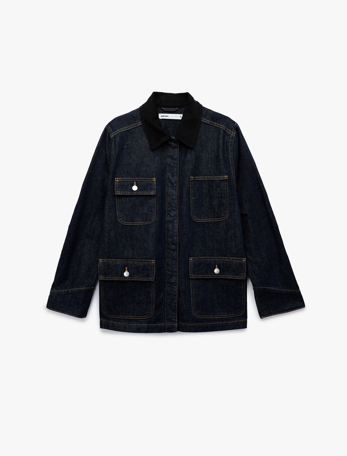  Uzun Kollu Cep Detaylı Gömlek Yaka Denim Ceket