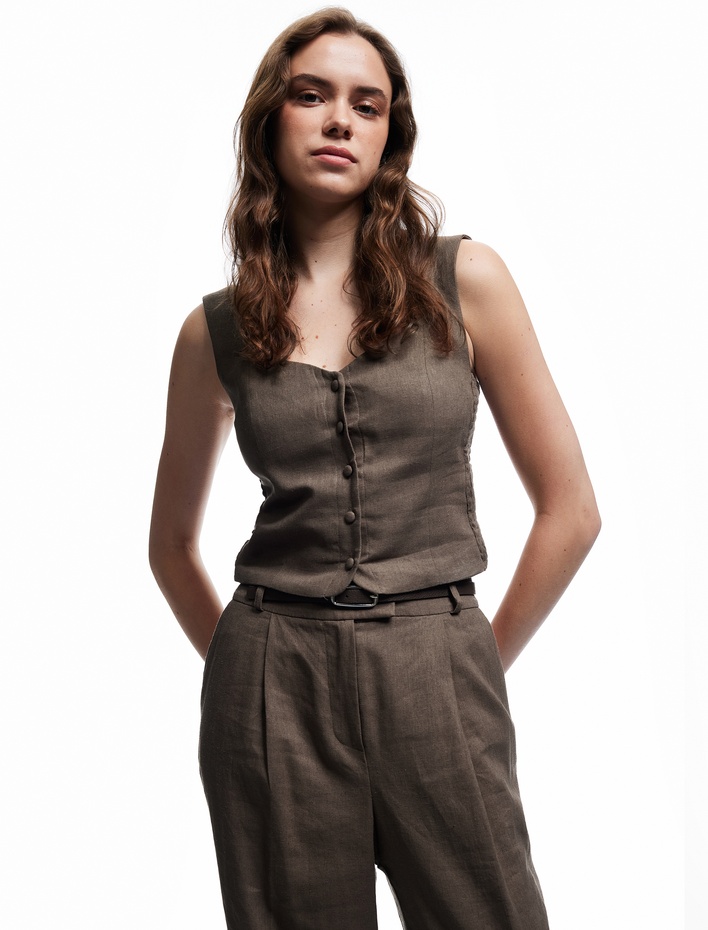  Astarlı Düğmeli Askılı Keten Crop Bluz