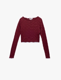Uzun Kollu Dokulu Kayık Yaka Slim Fit Crop Tişört