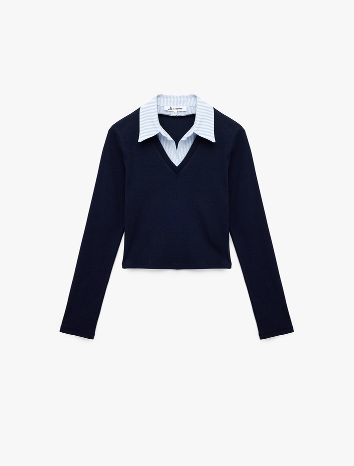  Uzun Kollu Gömlek Yaka Slim Fit Pamuklu Tişört