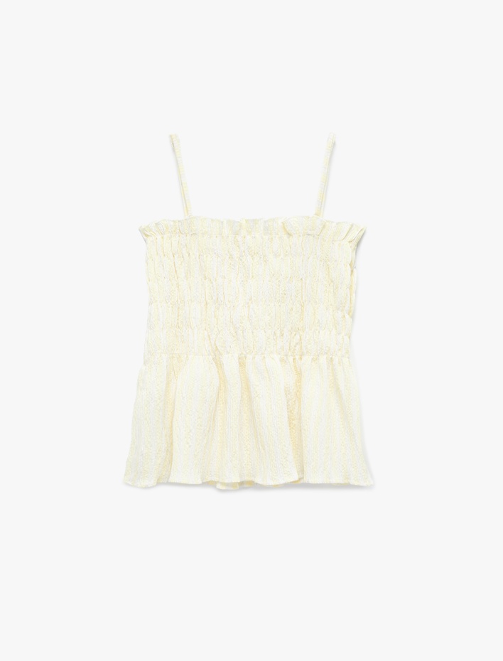  Keten Karışımlı Gipeli Fırfırlı İnce Askılı Bluz