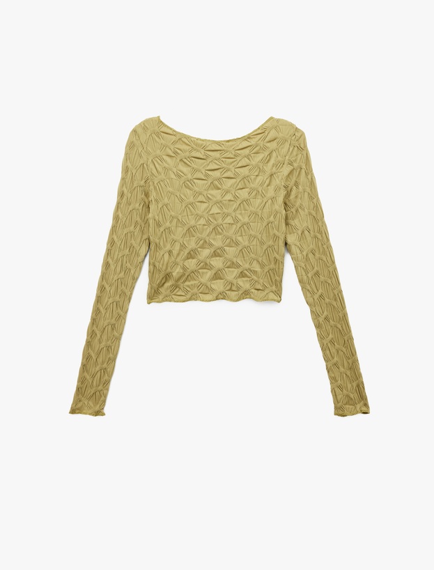 Uzun Kollu Dokulu Kayık Yaka Slim Fit Crop Tişört_1