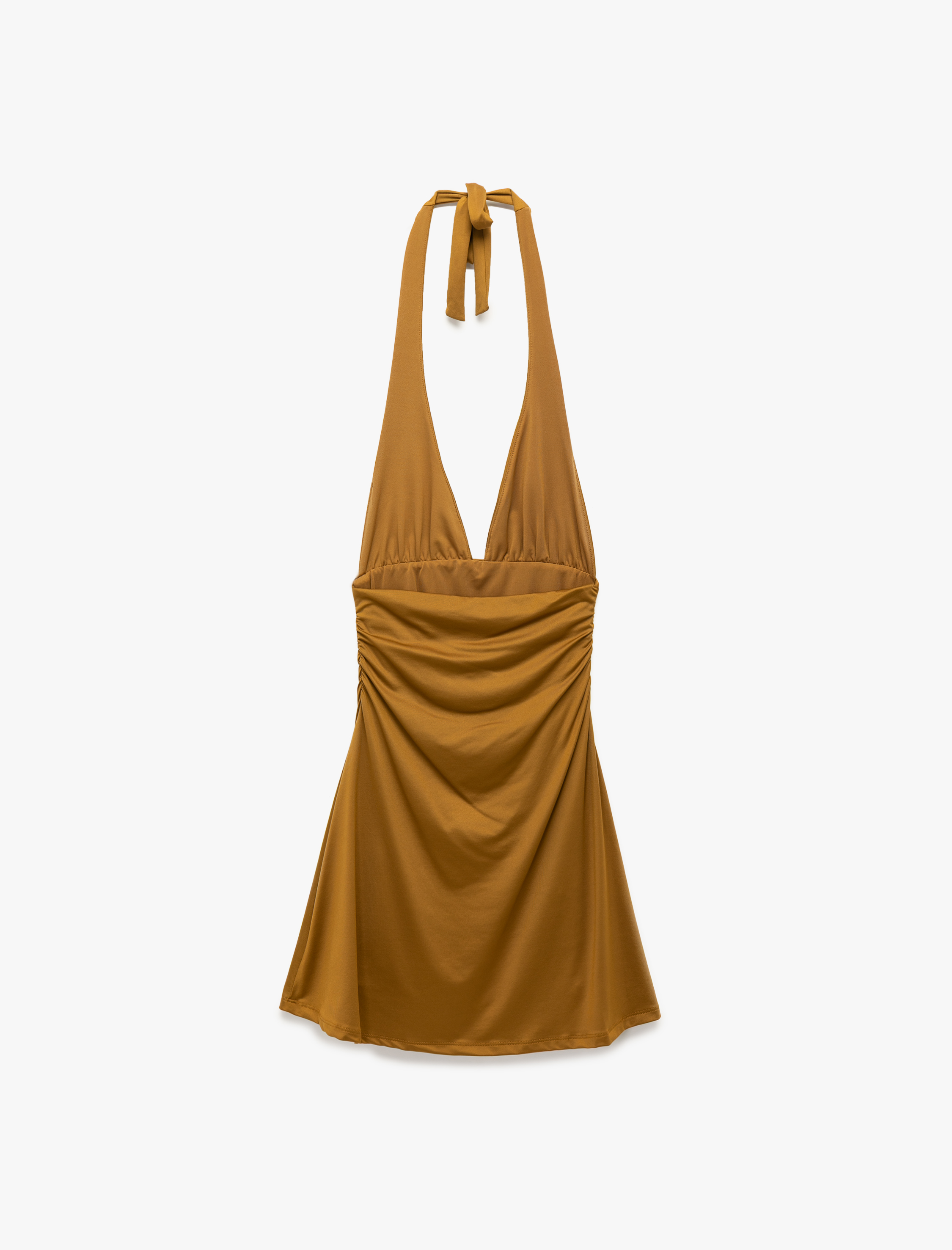   Drape Detaylı Boyundan Bağlamalı Sırt Dekolteli Derin V Yaka Mini Elbise