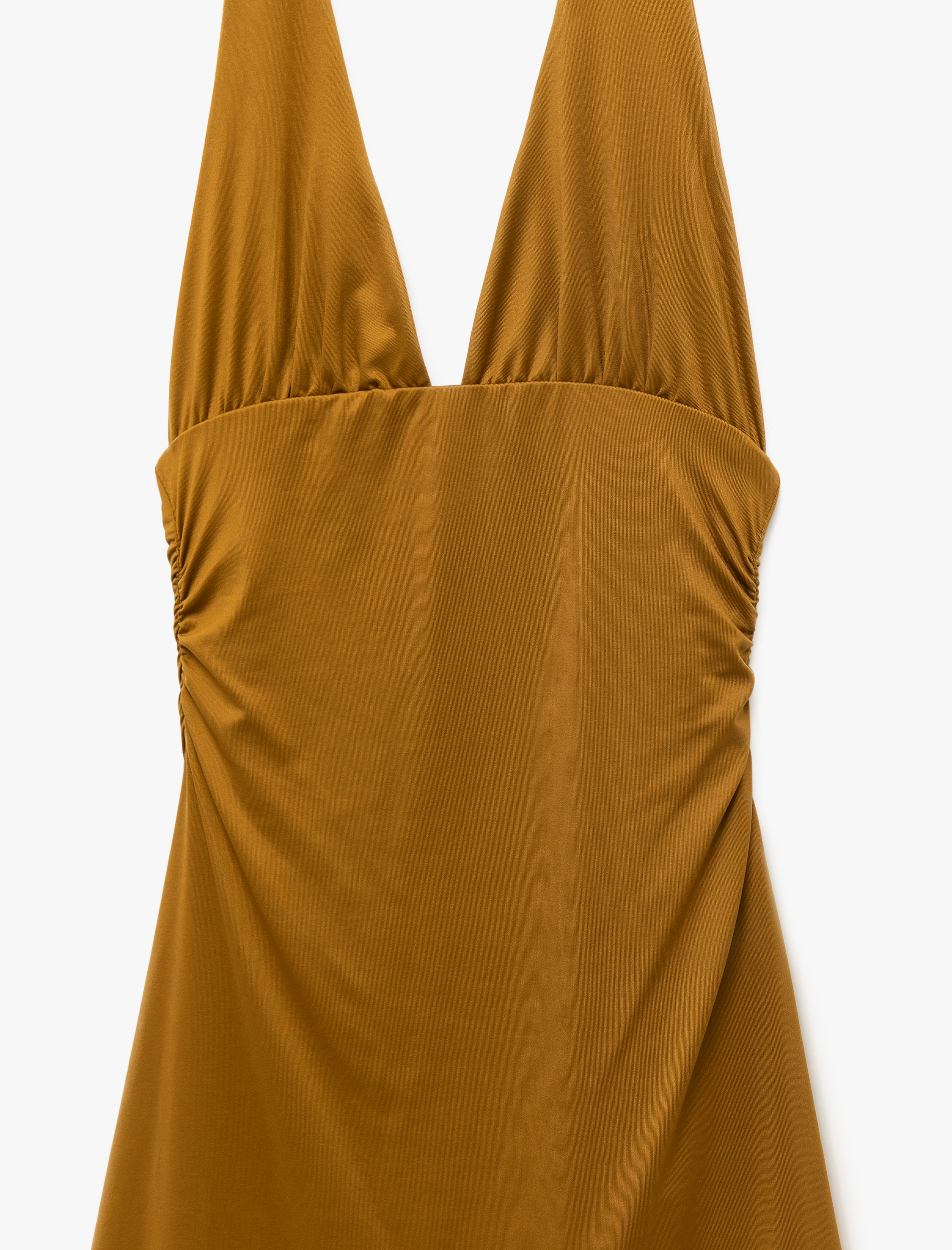   Drape Detaylı Boyundan Bağlamalı Sırt Dekolteli Derin V Yaka Mini Elbise