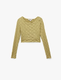 Uzun Kollu Dokulu Kayık Yaka Slim Fit Crop Tişört