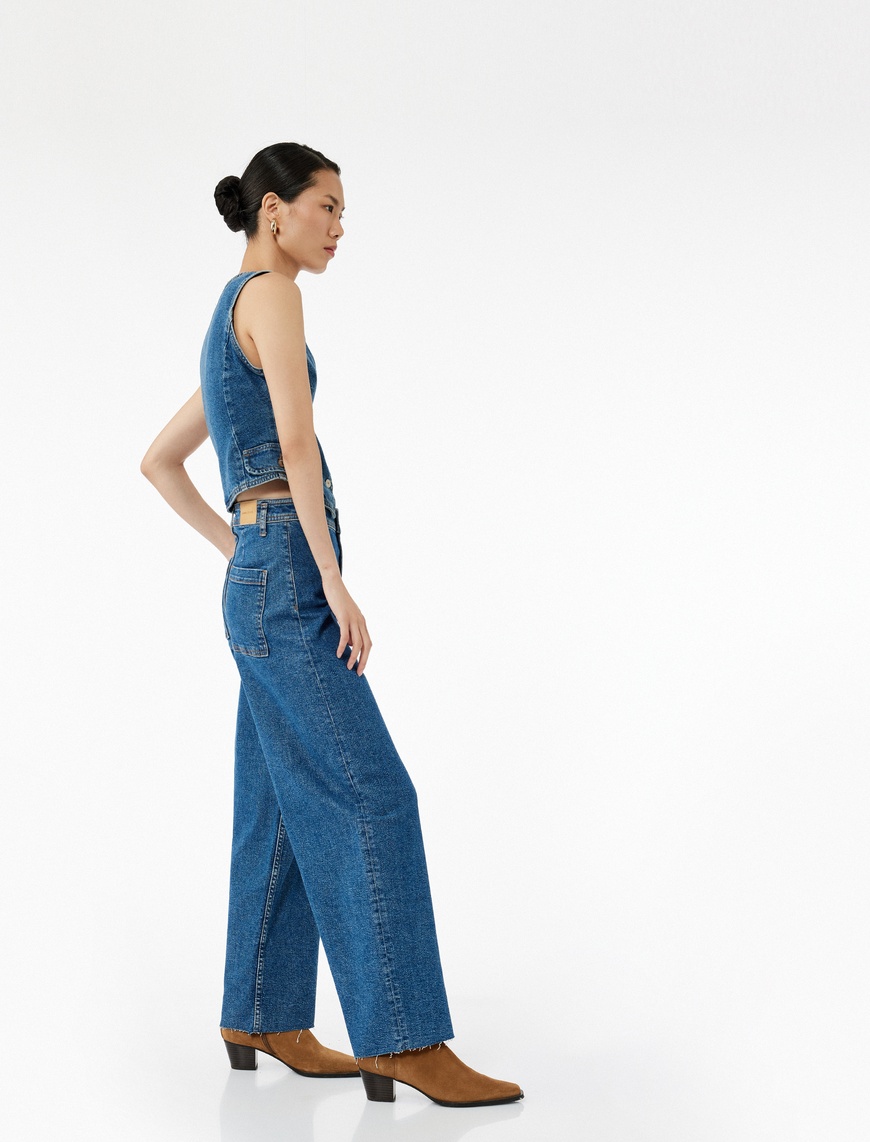   Yüksek Bel Rahat Kesim Geniş Paça Pamuklu Jean Pantolon - Culotte Jeans