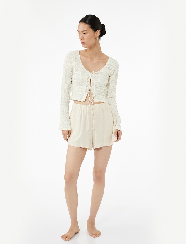  Bürümcük Kumaş Önden Bağlamalı Fiyonklu Uzun Kollu U Yaka Bluz