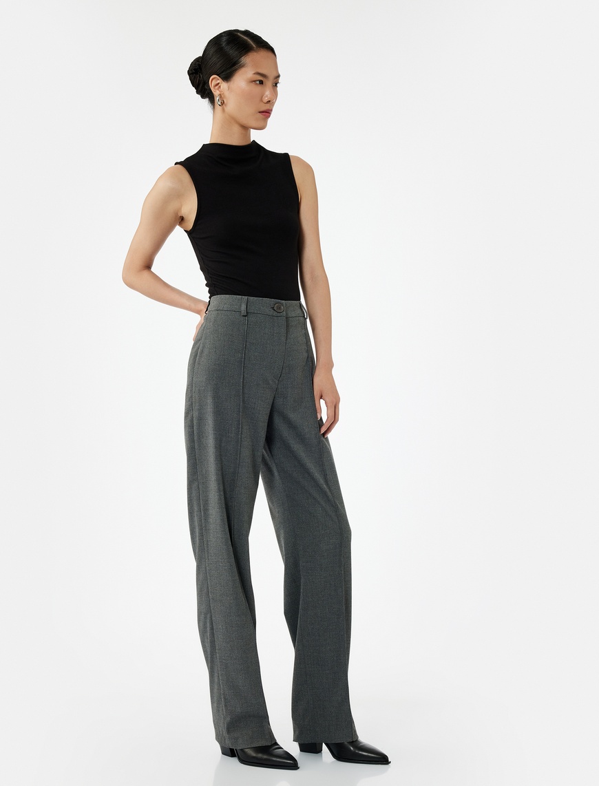   Normal Bel Straight Fit Nervür Detaylı Kumaş Pantolon