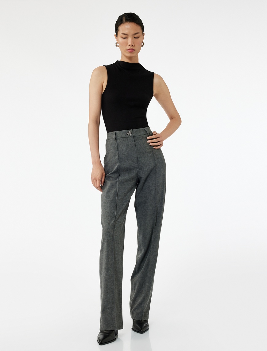   Normal Bel Straight Fit Nervür Detaylı Kumaş Pantolon