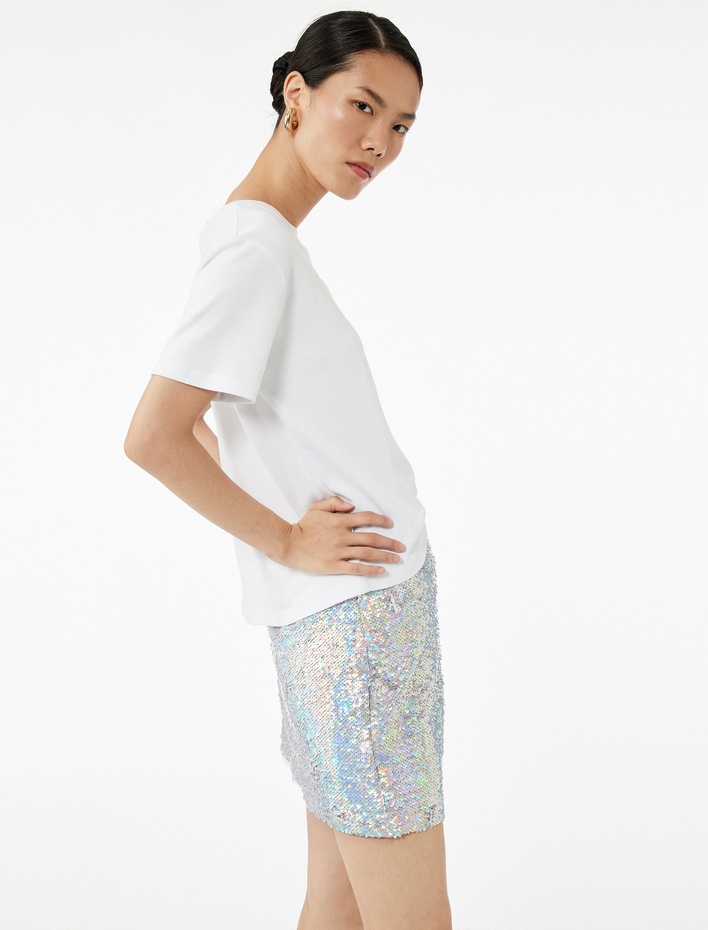  Pullu Payetli A Kesim Mini Abiye Etek