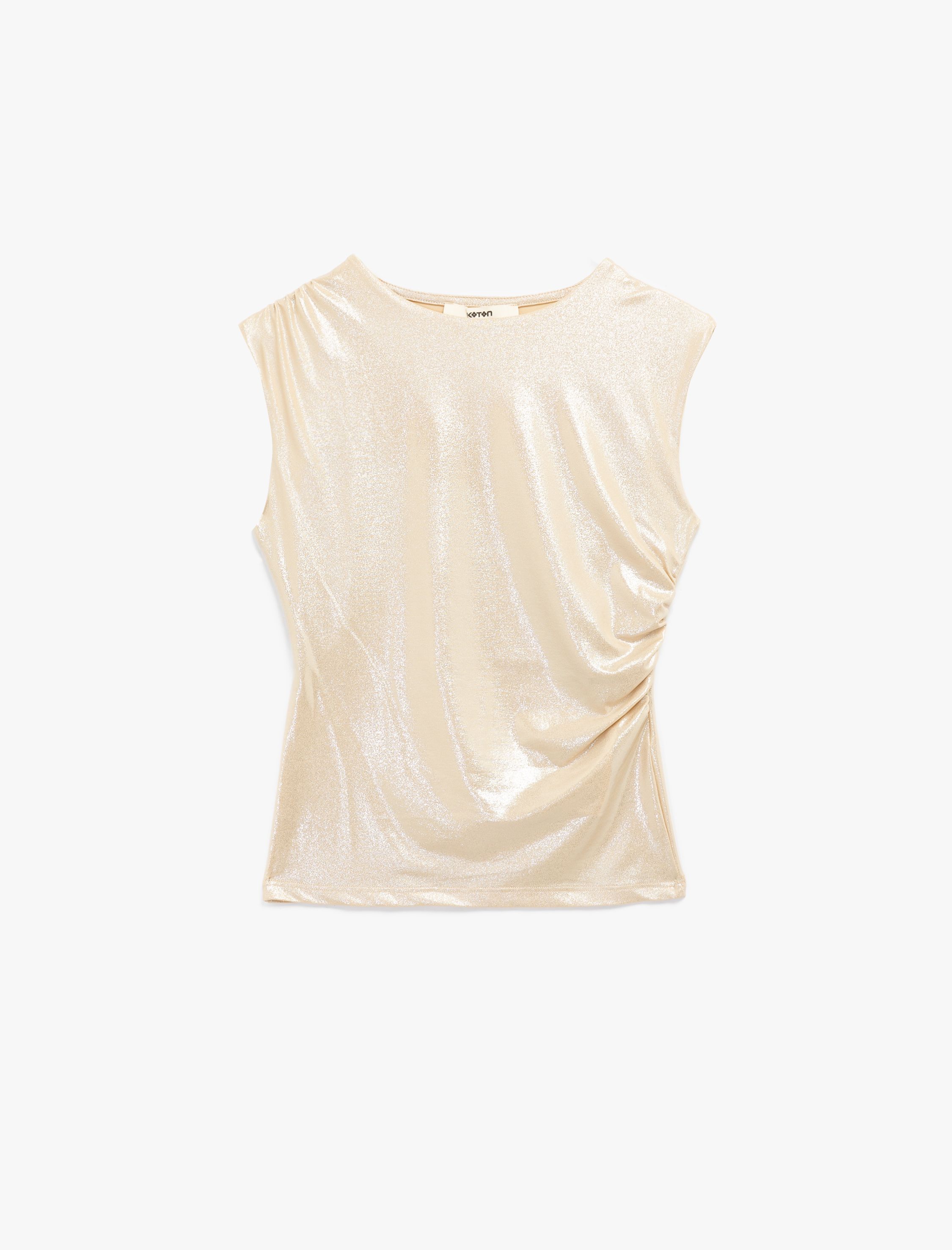   Slim Fit Drapeli Bisiklet Yaka Kolsuz Parlak Bluz