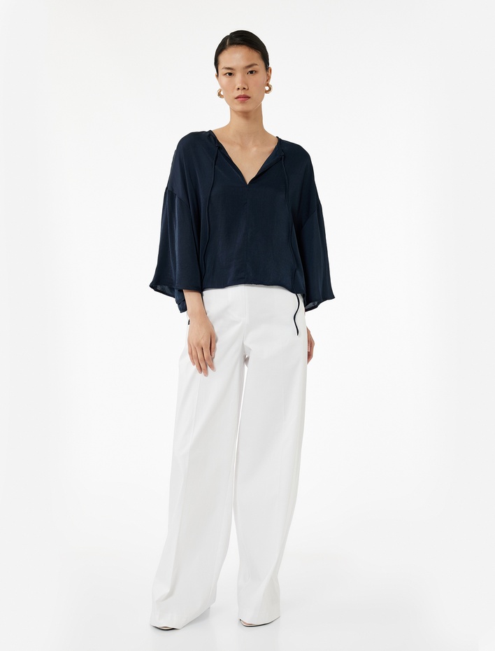  Yuvarlak Bağlamalı Yaka 3/4 Yarasa Kol Oversize Bluz