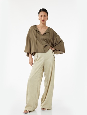 Yuvarlak Bağlamalı Yaka 3/4 Yarasa Kol Oversize Bluz