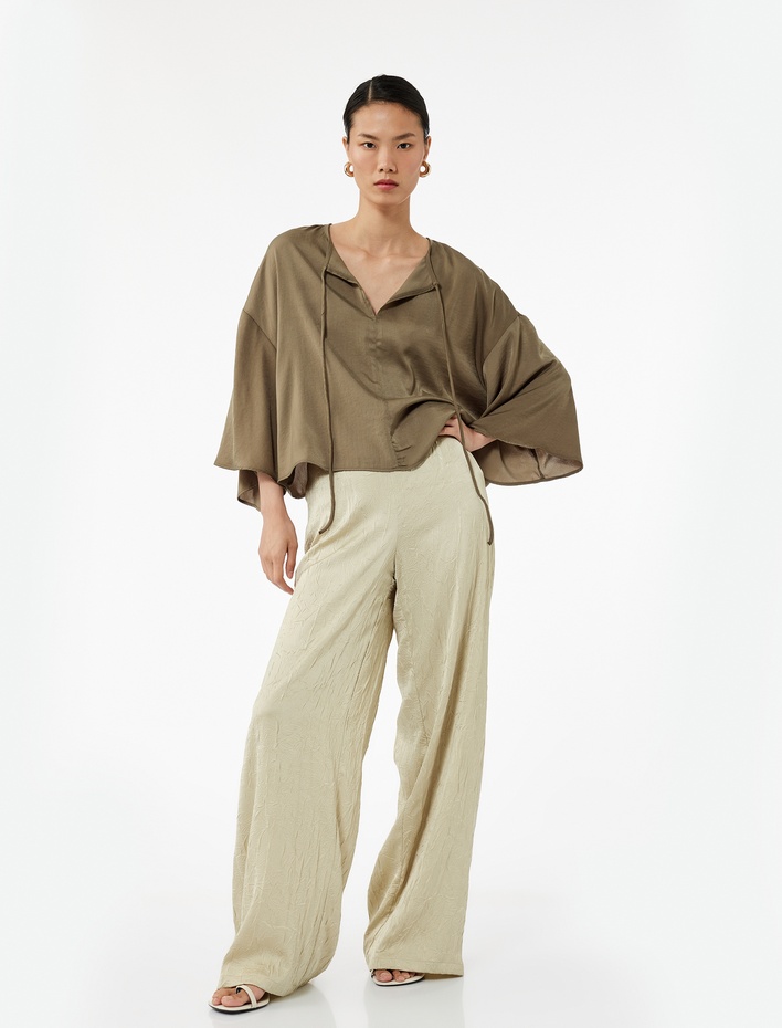  Yuvarlak Bağlamalı Yaka 3/4 Yarasa Kol Oversize Bluz