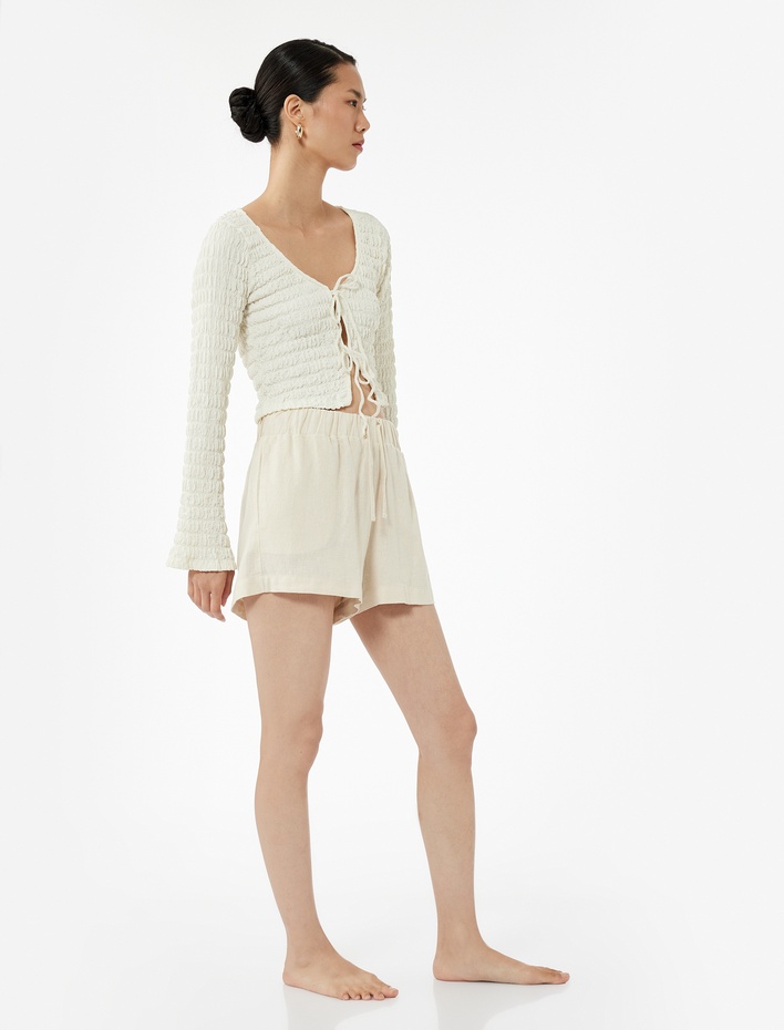  Beli Bağcıklı Cepli Mini Keten Şort