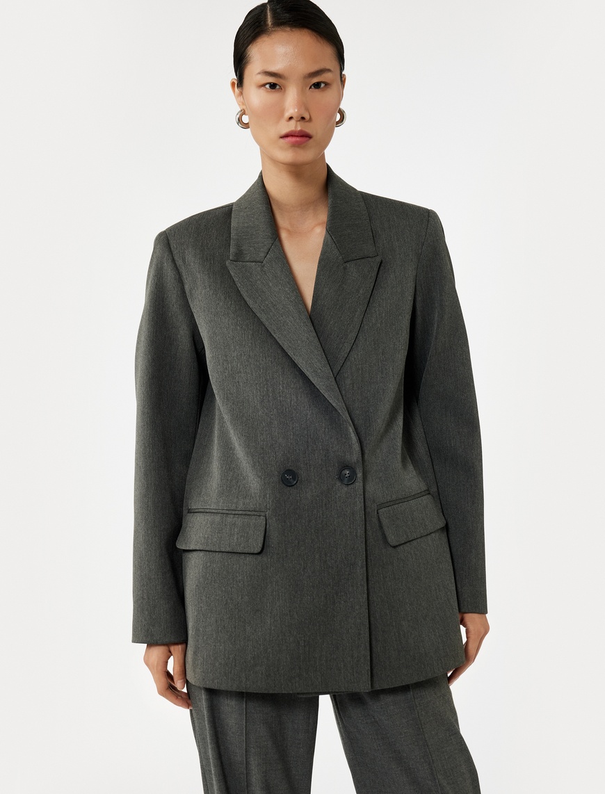   Uzun Kollu Viskon Karışımlı Kruvaze Yaka Oversize Blazer Ceket