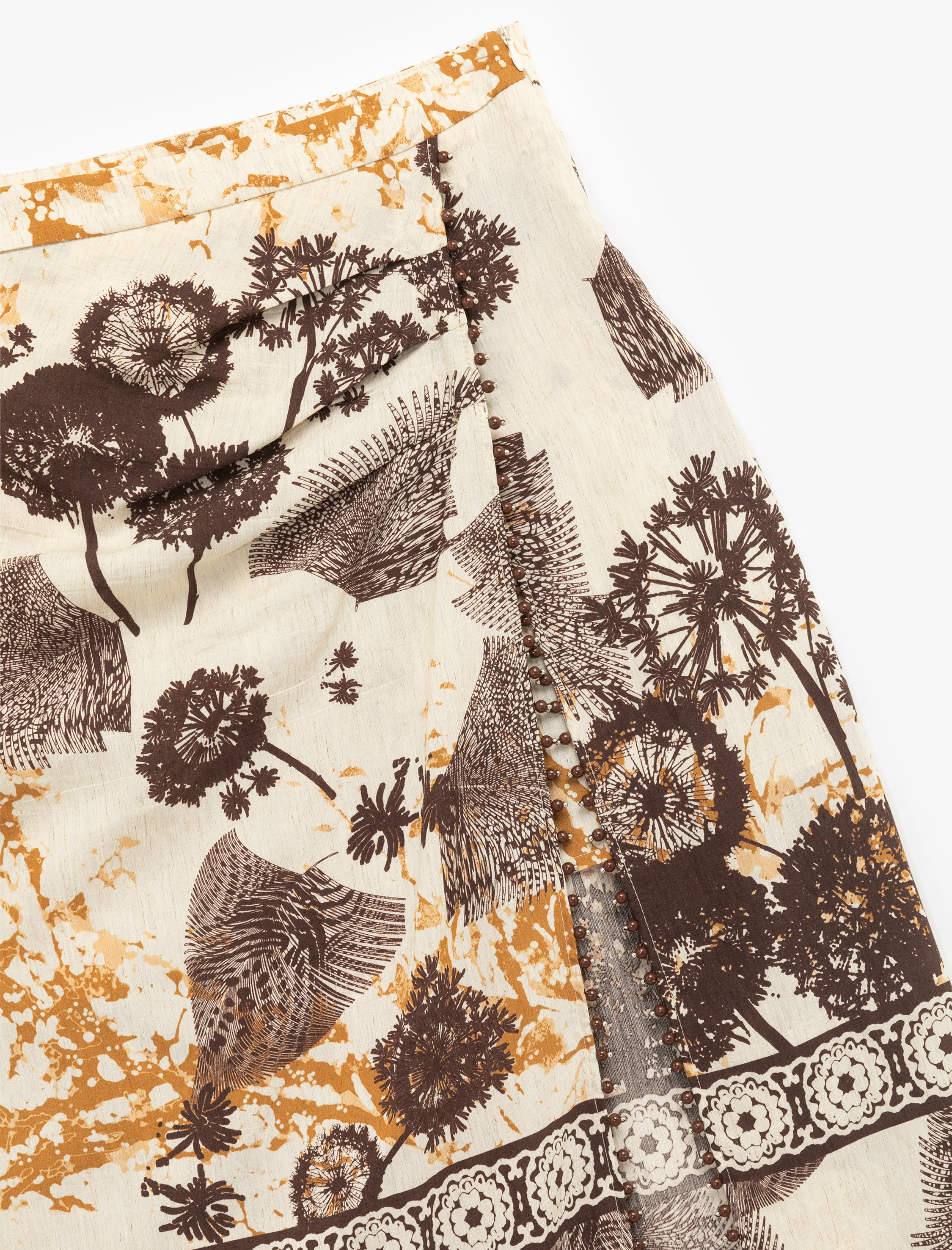   Viskon Keten Karışımlı Yırtmaç Detaylı Desenli Uzun Etek