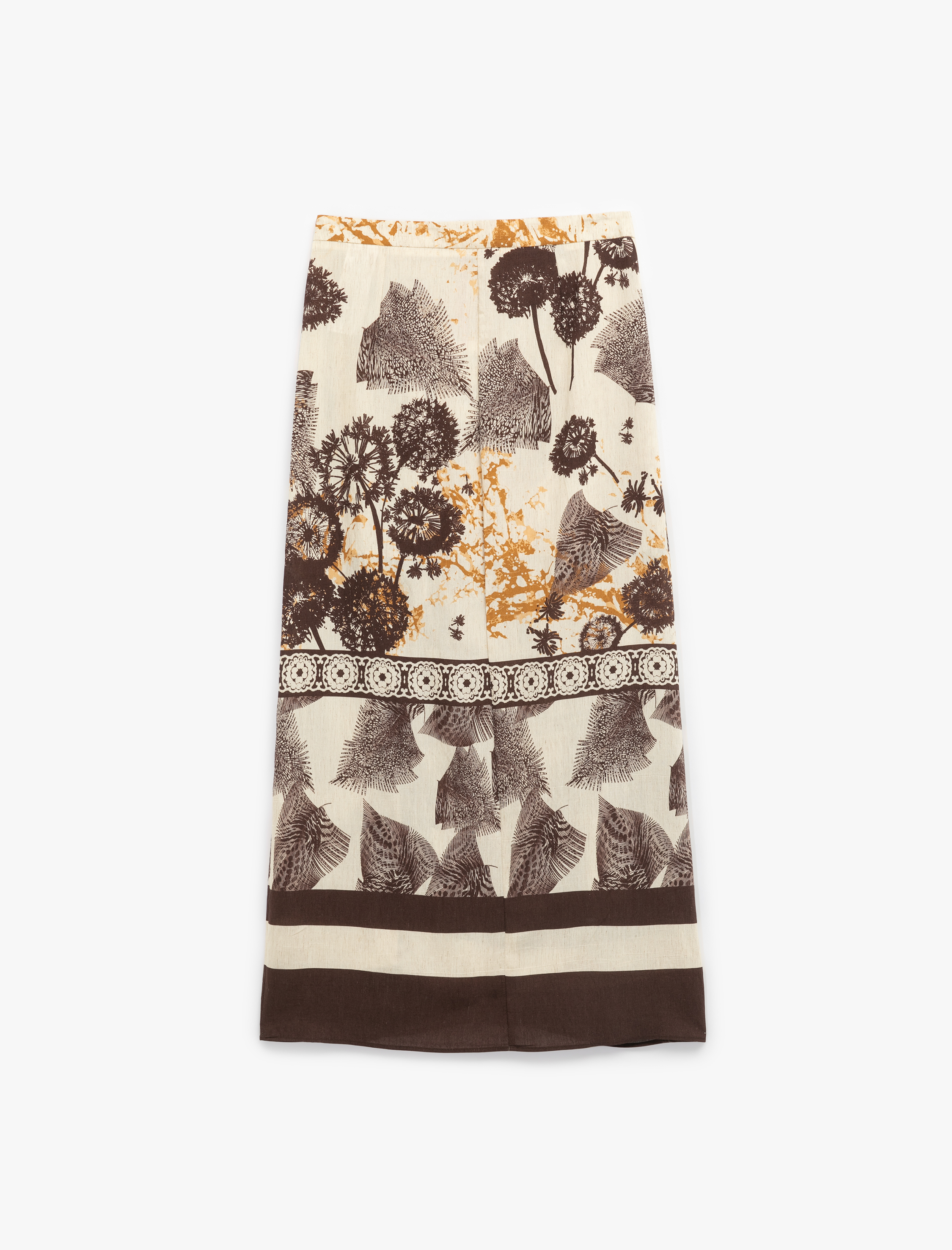   Viskon Keten Karışımlı Yırtmaç Detaylı Desenli Uzun Etek