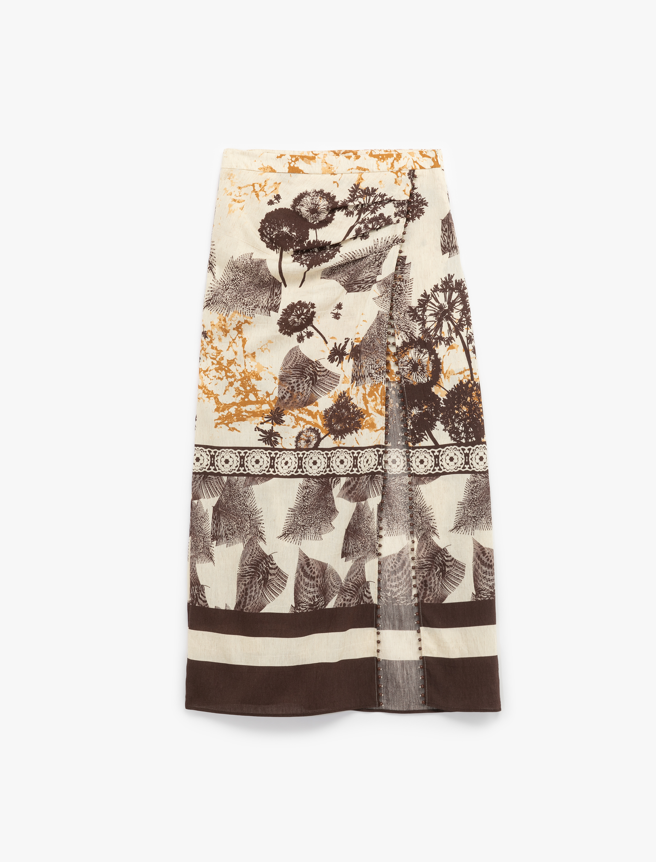   Viskon Keten Karışımlı Yırtmaç Detaylı Desenli Uzun Etek