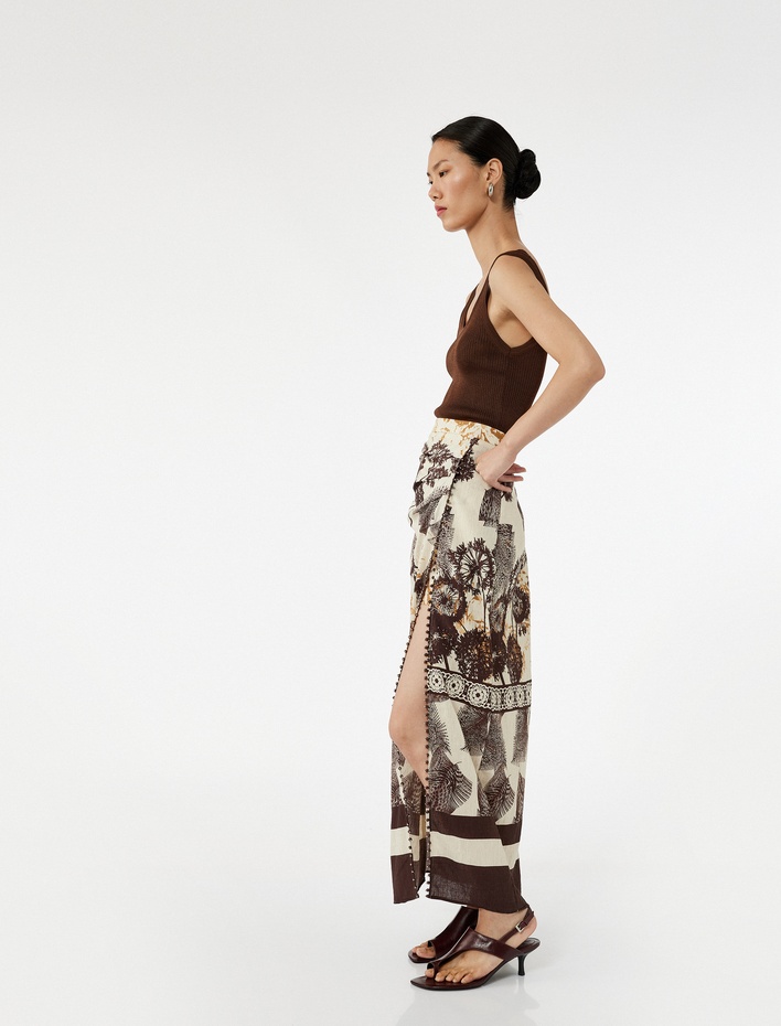  Viskon Keten Karışımlı Yırtmaç Detaylı Desenli Uzun Etek