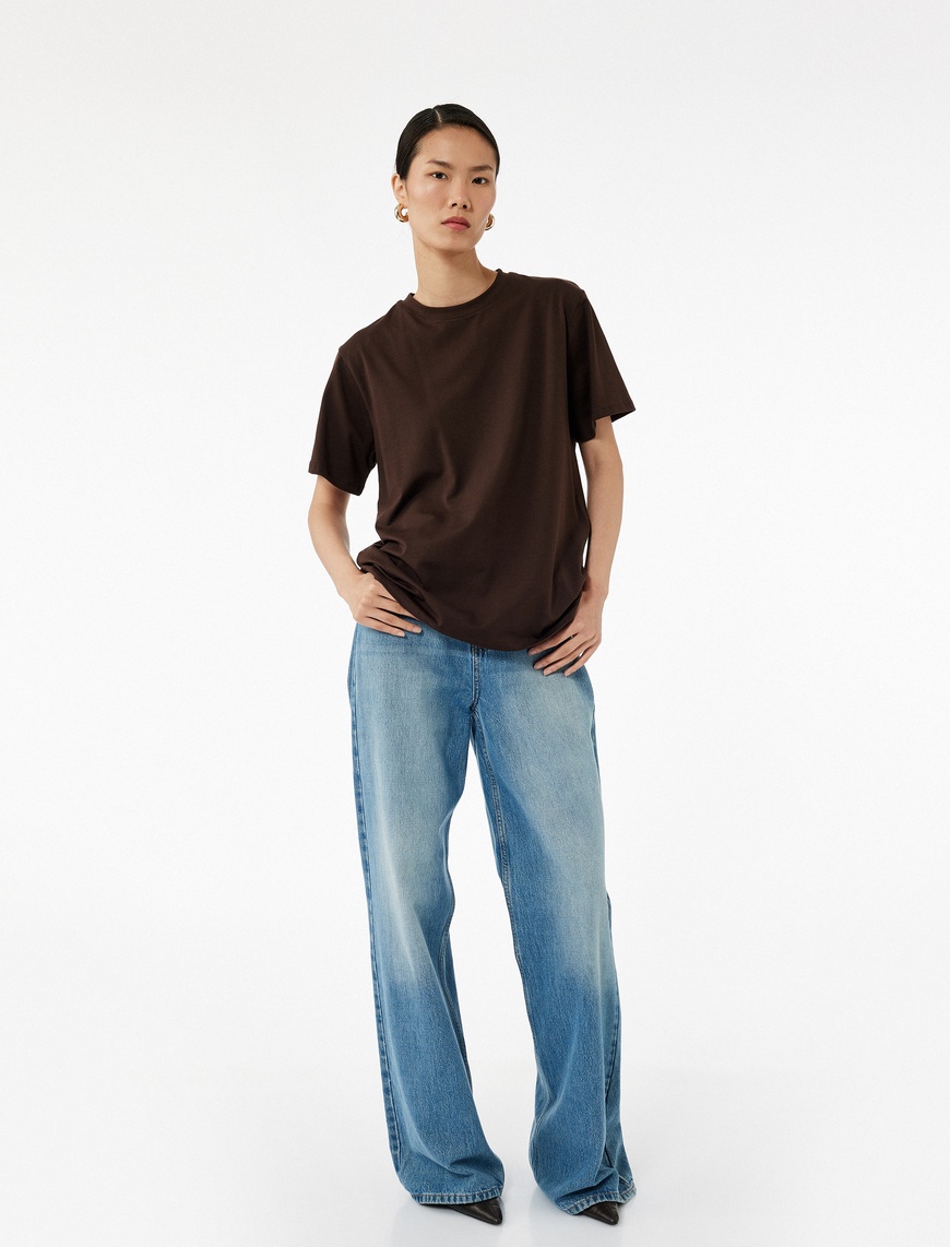   Kısa Kollu Bisiklet Yaka Pamuklu Basic Oversize Tişört