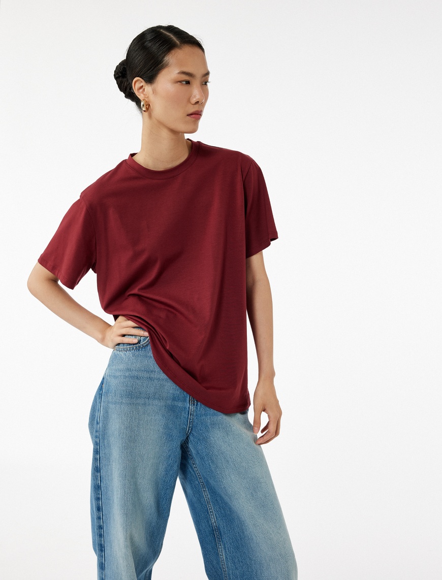   Kısa Kollu Bisiklet Yaka Pamuklu Basic Oversize Tişört
