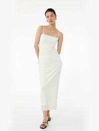 Koton X Zeynep Bastık - İnce Askılı Fiyonklu Dokulu Bodycon Maxi Elbise