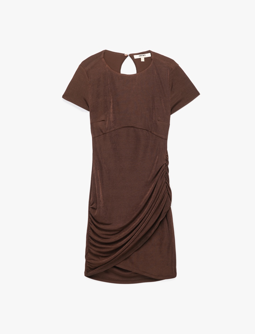   Pencere Detaylı Kısa Kollu Bisiklet Yaka Drapeli Bodycon Mini Abiye Elbise