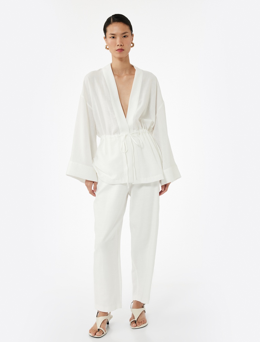   Mandarin Yaka Beli Bağcıklı 3/4 Geniş Kollu Kimono