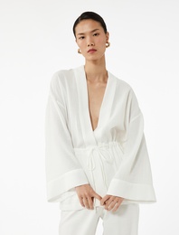 Mandarin Yaka Beli Bağcıklı 3/4 Geniş Kollu Kimono