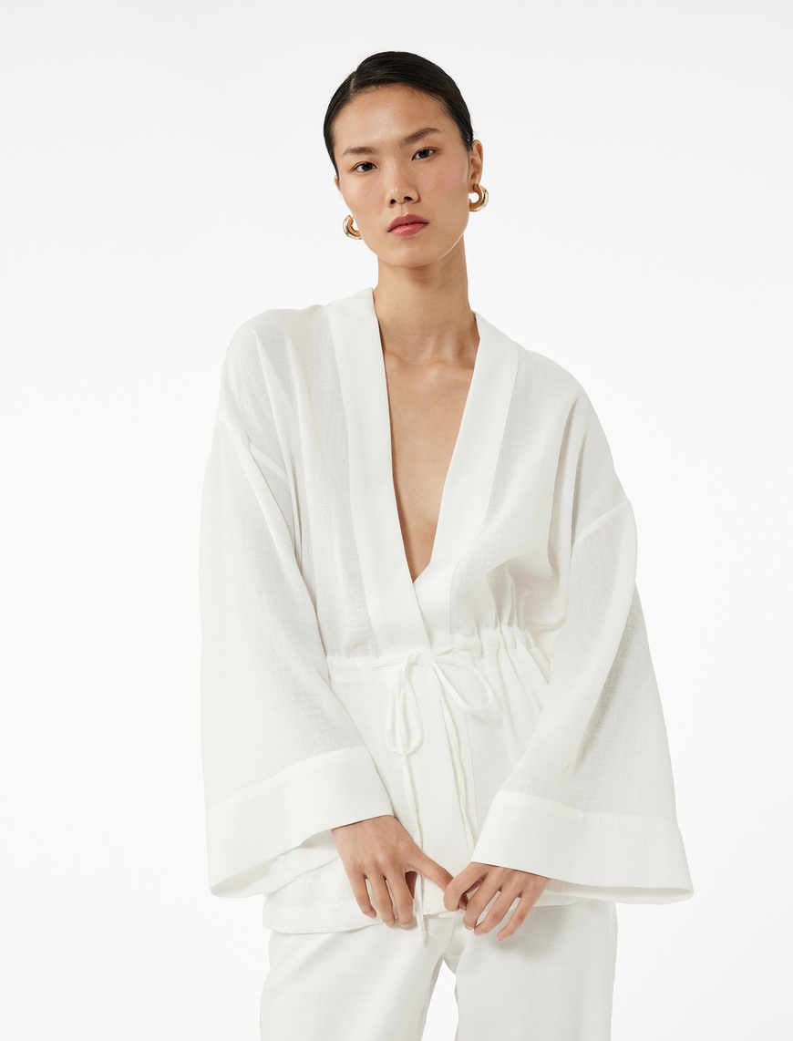   Mandarin Yaka Beli Bağcıklı 3/4 Geniş Kollu Kimono