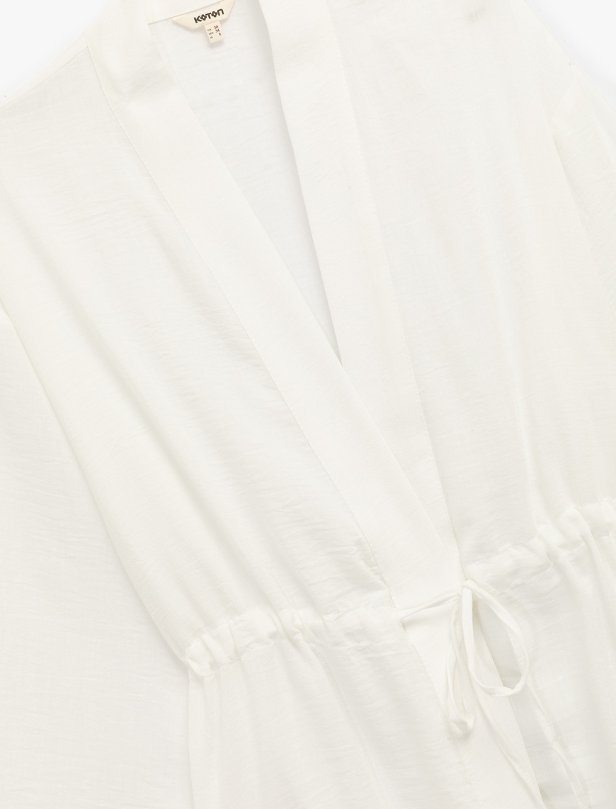   Mandarin Yaka Beli Bağcıklı 3/4 Geniş Kollu Kimono
