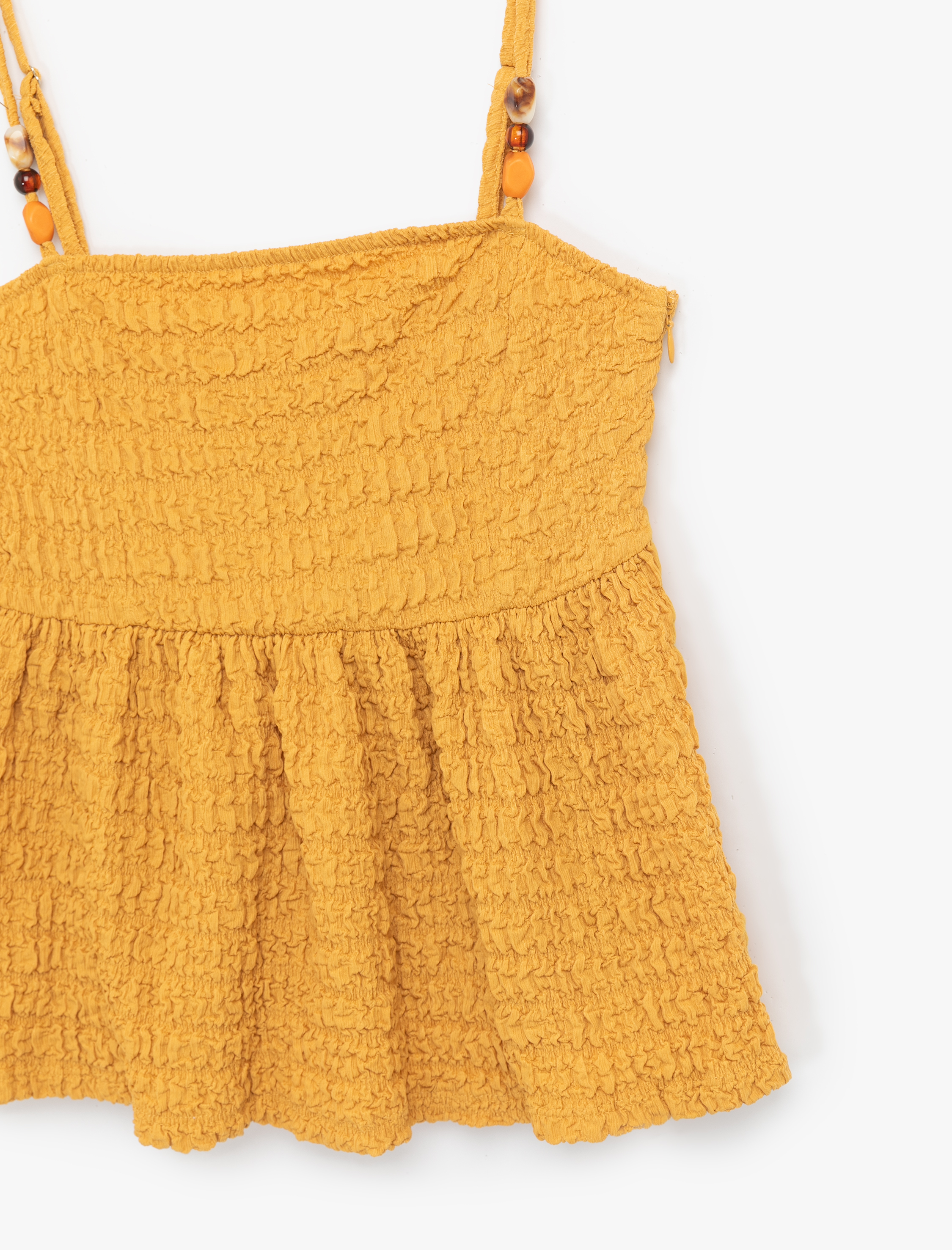   Bürümcük Kumaş Boncuk Detaylı Slim Fit İnce Askılı Bluz