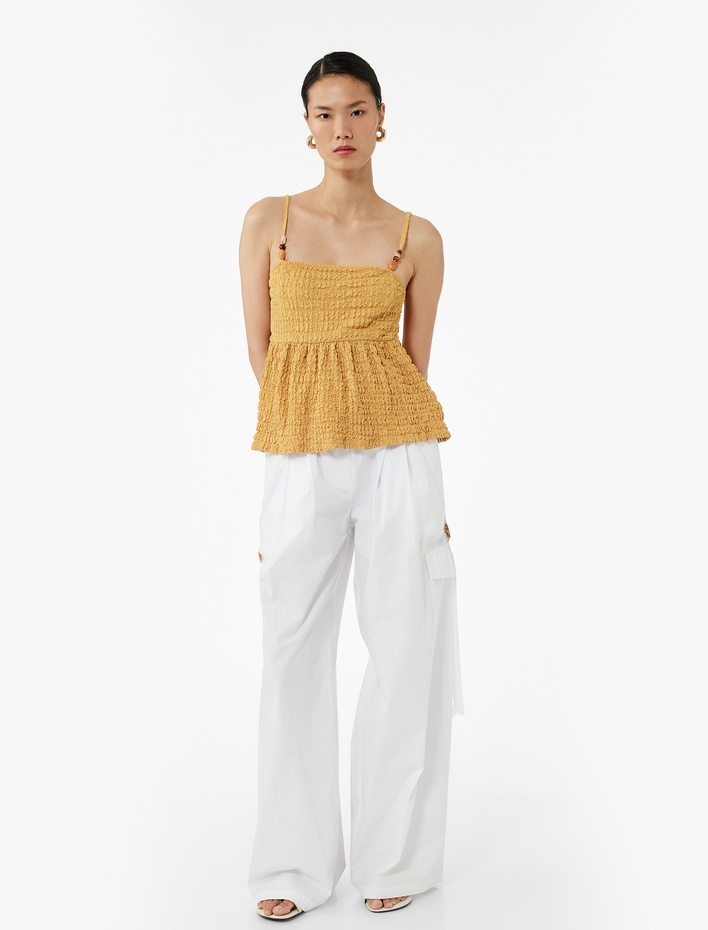  Bürümcük Kumaş Boncuk Detaylı Slim Fit İnce Askılı Bluz