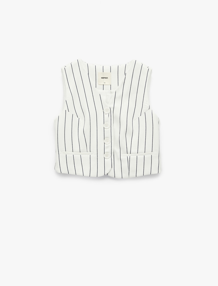   Slim Fit V Yaka Kolsuz Çizgili Crop Yelek