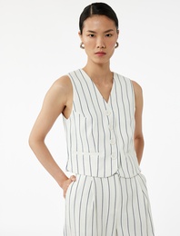 Slim Fit V Yaka Kolsuz Çizgili Crop Yelek