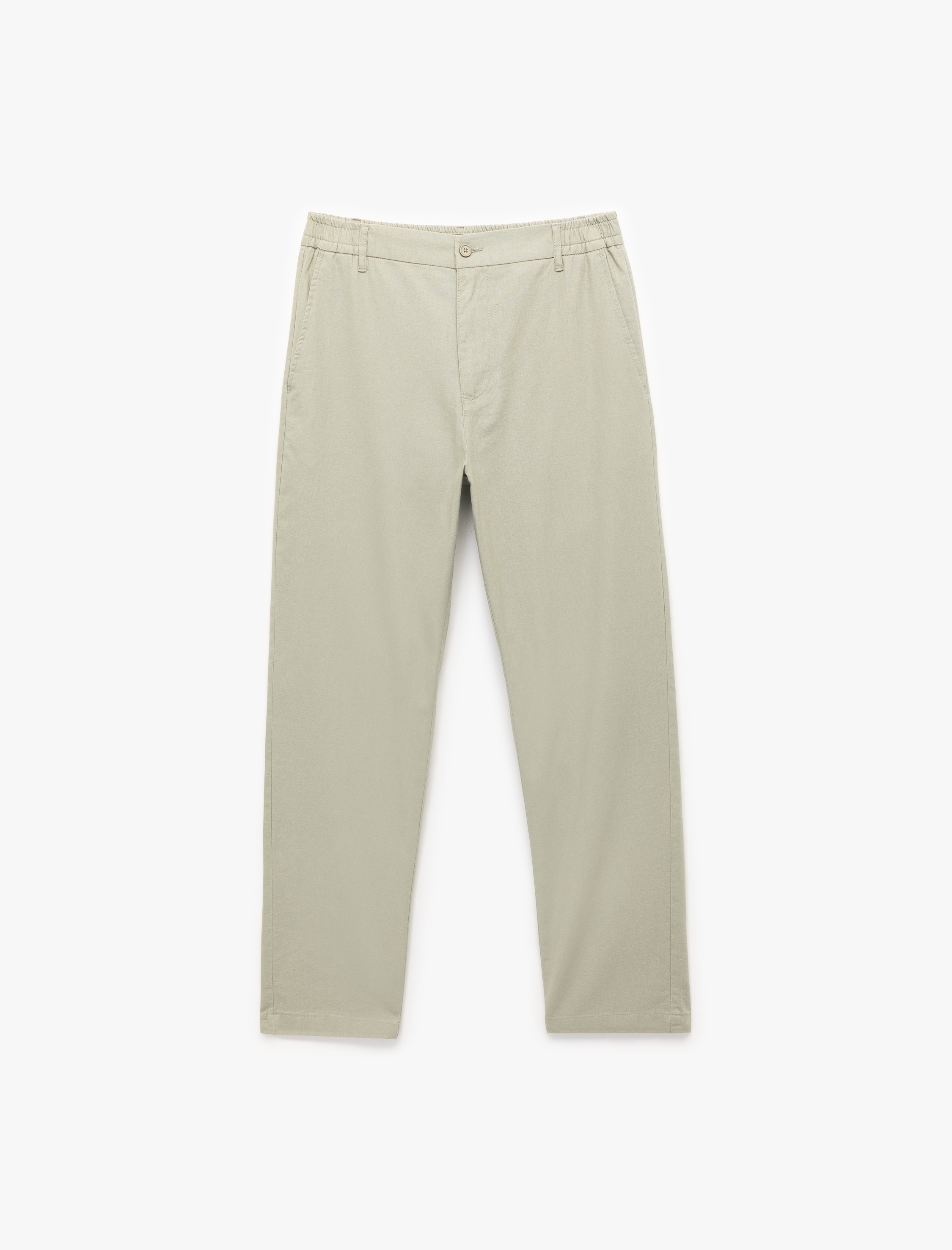   Beli Lastikli Düğmeli Cep Detaylı Pamuk Keten Karışımlı Pantolon