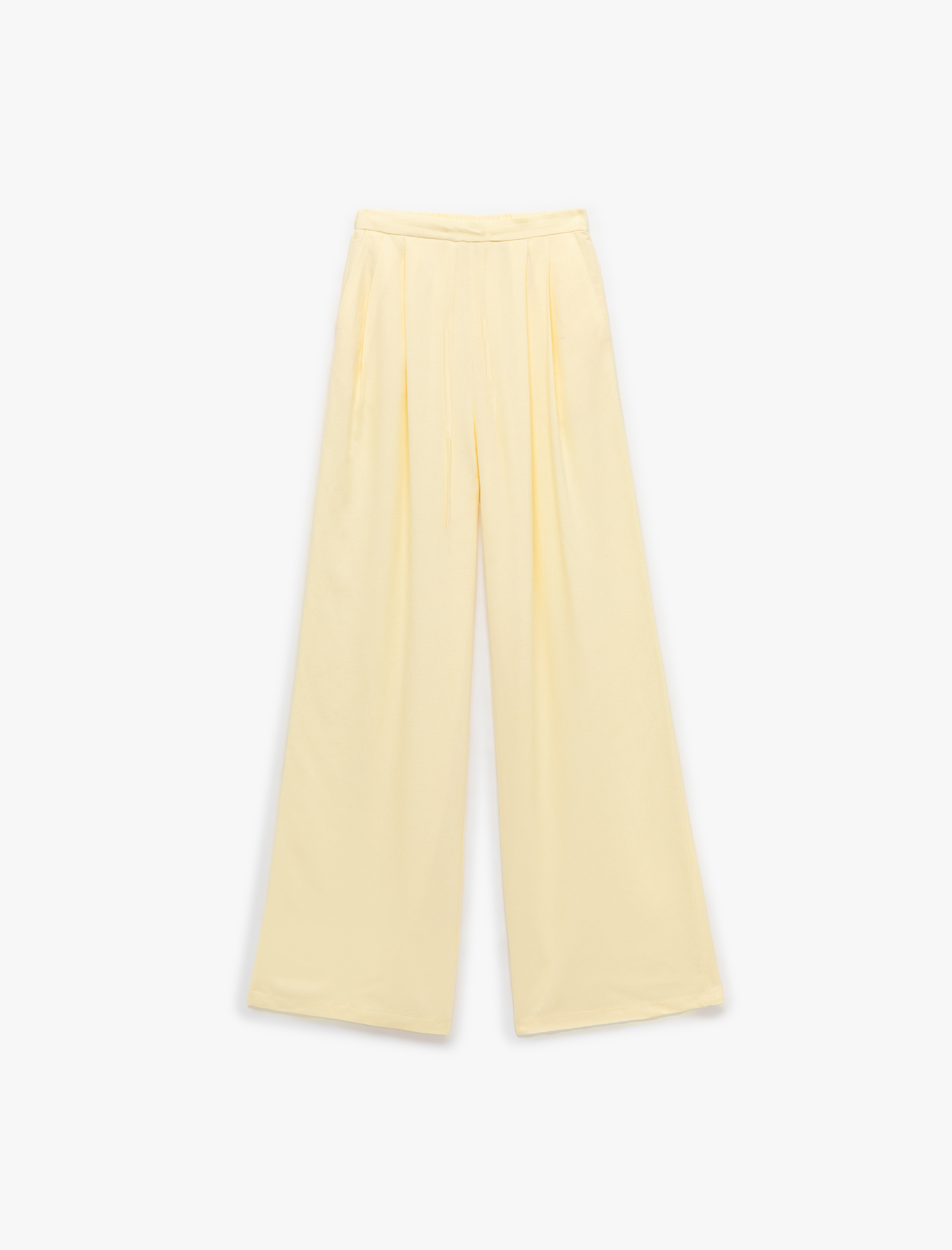   Beli Bağlama Detaylı Pileli Cepli Keten Karışımlı Düz Geniş Paça Pantolon