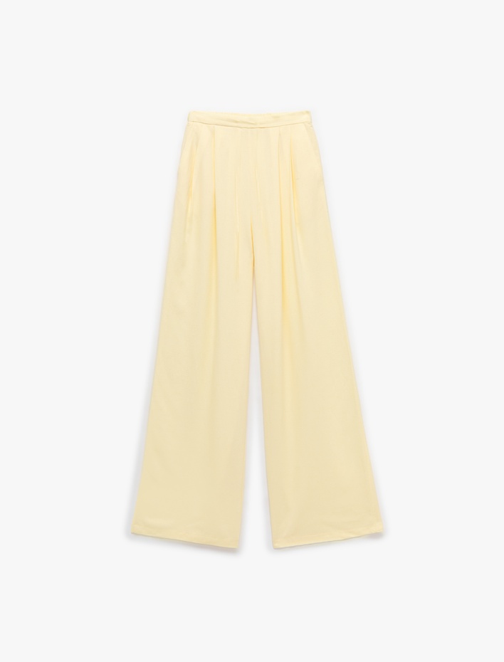  Beli Bağlama Detaylı Pileli Cepli Keten Karışımlı Düz Geniş Paça Pantolon