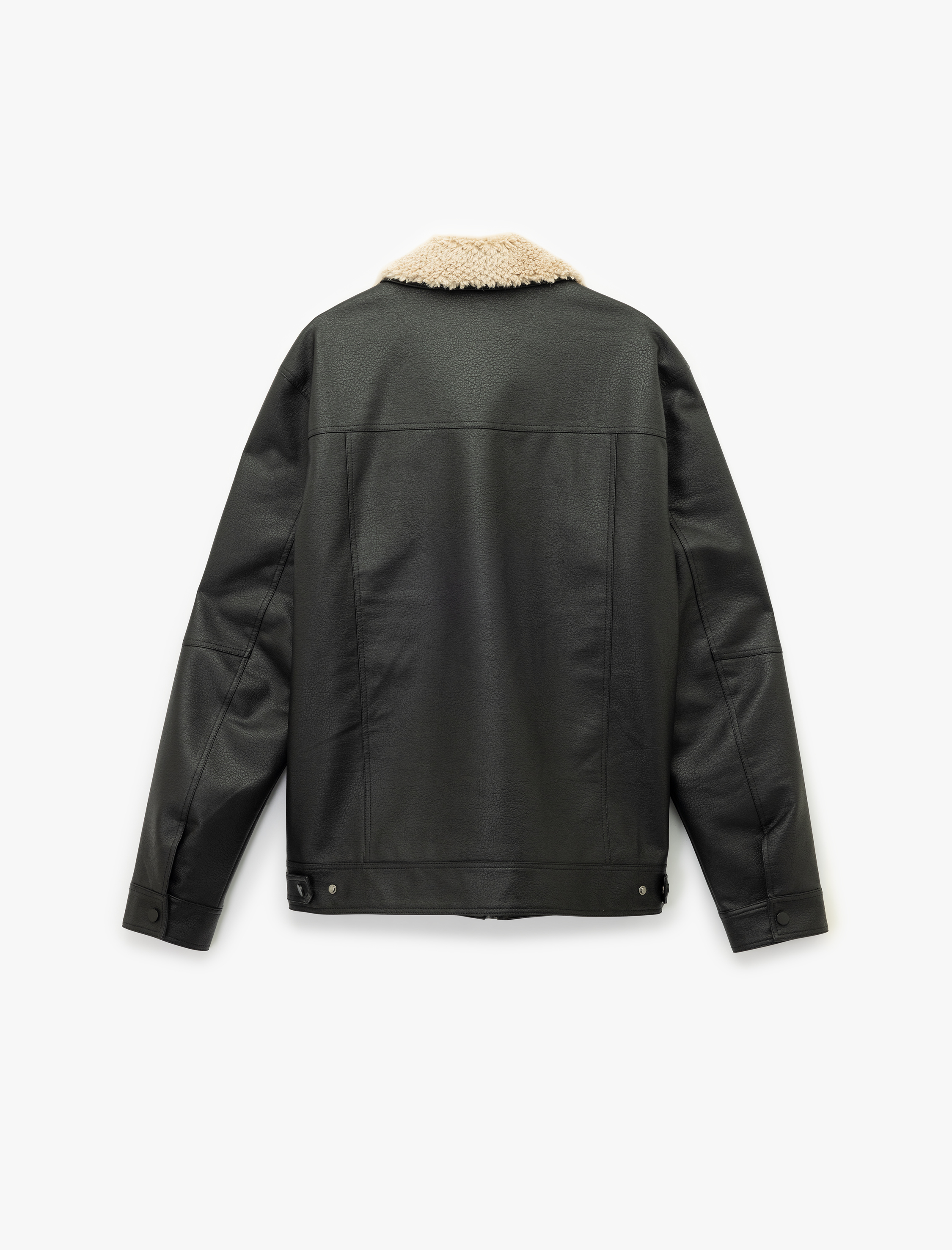   Uzun Kollu Kapaklı Cep Detaylı Slim Fit Peluş Yaka Suni Deri Ceket