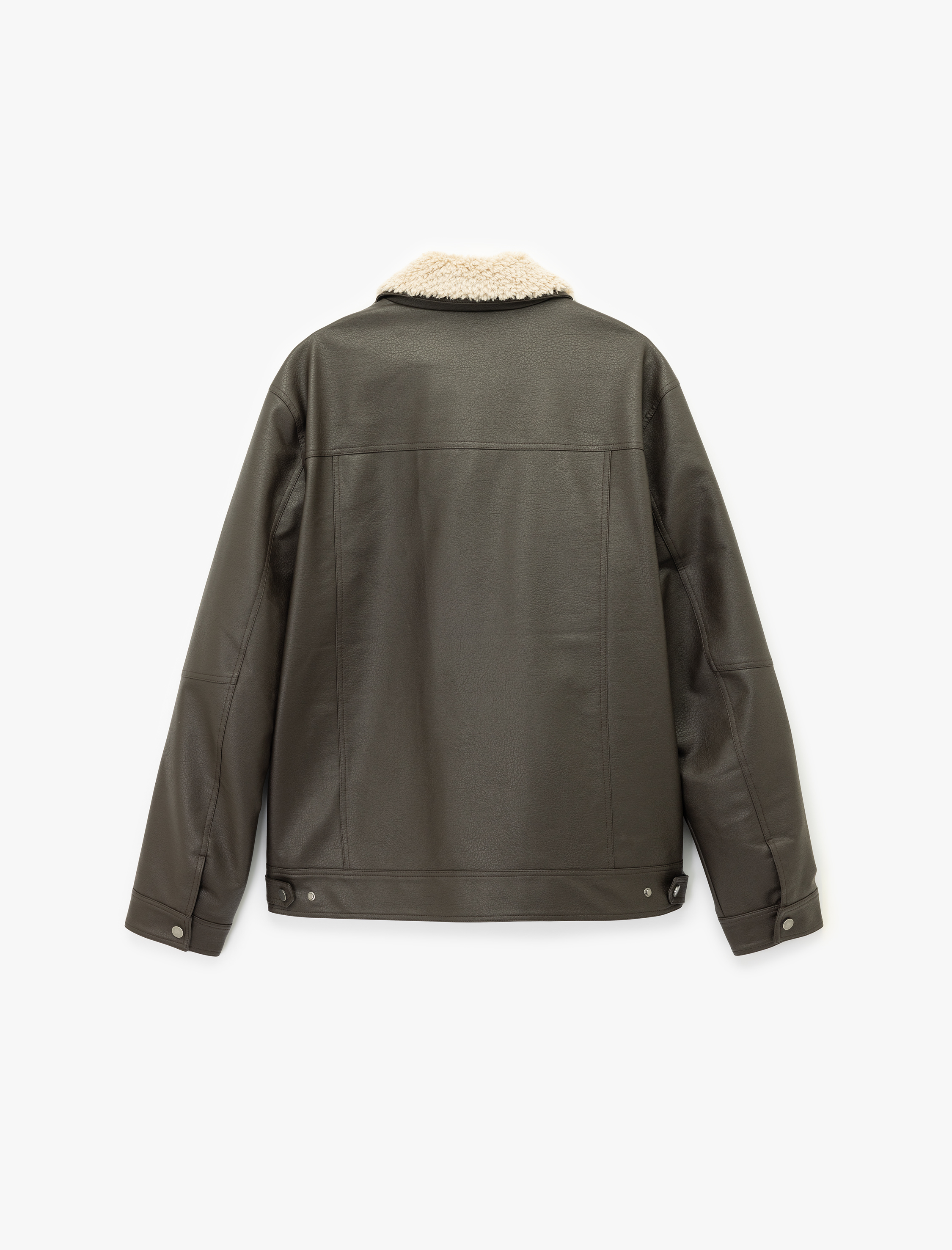   Uzun Kollu Kapaklı Cep Detaylı Slim Fit Peluş Yaka Suni Deri Ceket