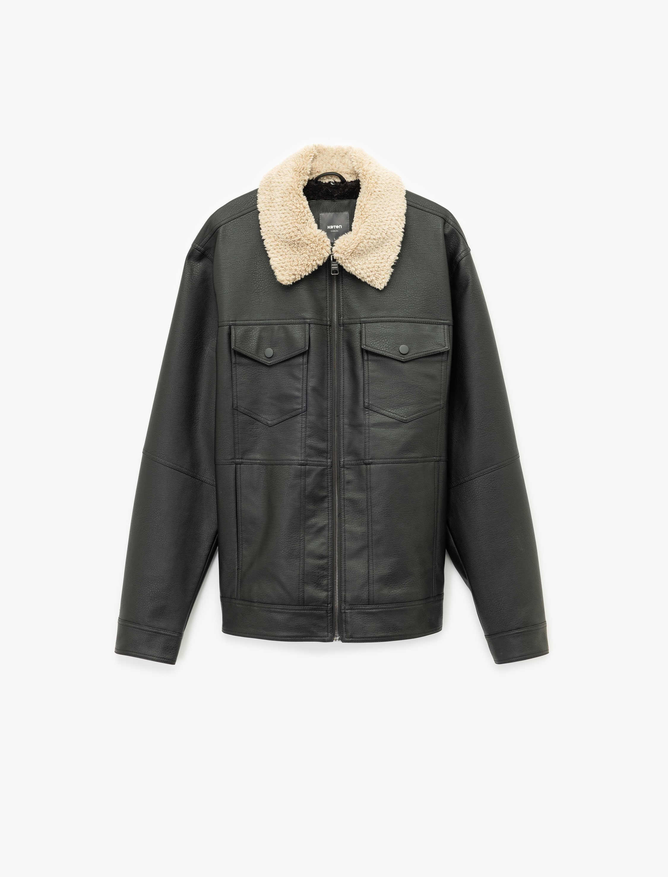   Uzun Kollu Kapaklı Cep Detaylı Slim Fit Peluş Yaka Suni Deri Ceket