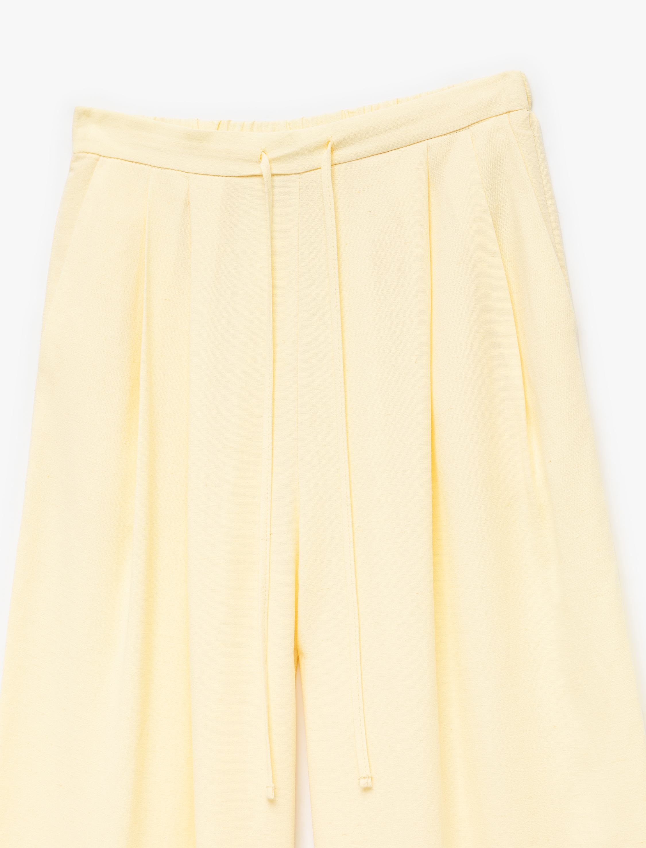   Beli Bağlama Detaylı Pileli Cepli Keten Karışımlı Düz Geniş Paça Pantolon